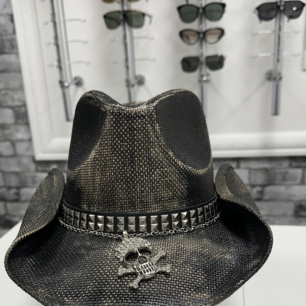 Studded Black Cowboy Hat with Skull Accent